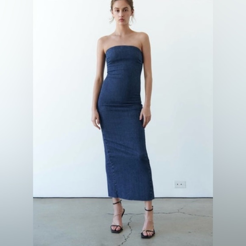 Zara Strapless Denim Midi Dress - Picture 4 of 12